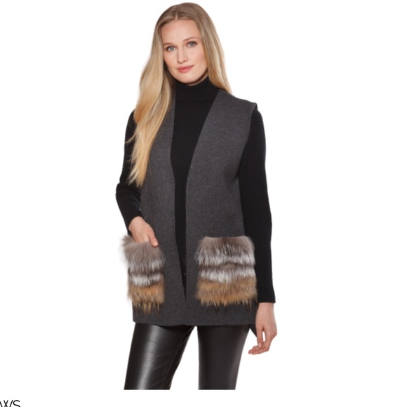 Linda Richards Fur Pocket Open Vest Cardigan Silver Fox Raccoon Size Small - Picture 8 of 10